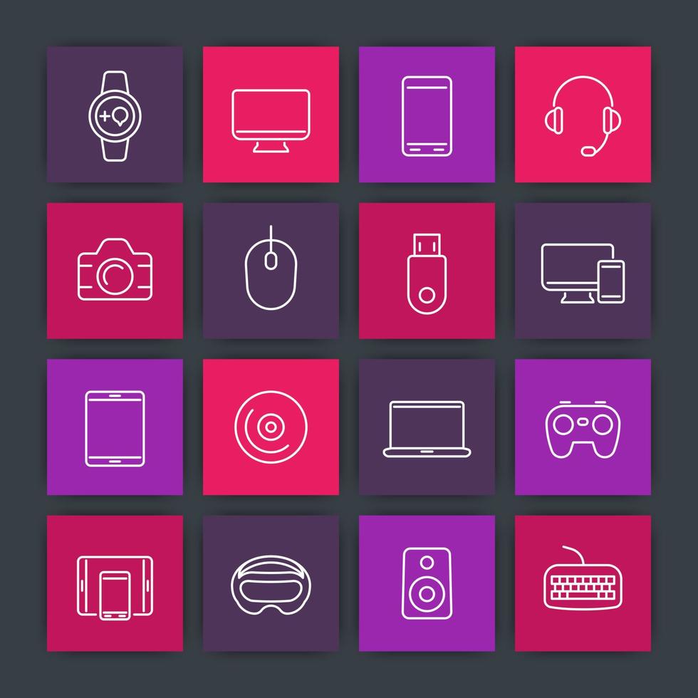 Modern gadgets line icons set, computer monitor, gamepad, laptop, smart watch, tablet, wearable devices, electronics pictograms, vector illustration