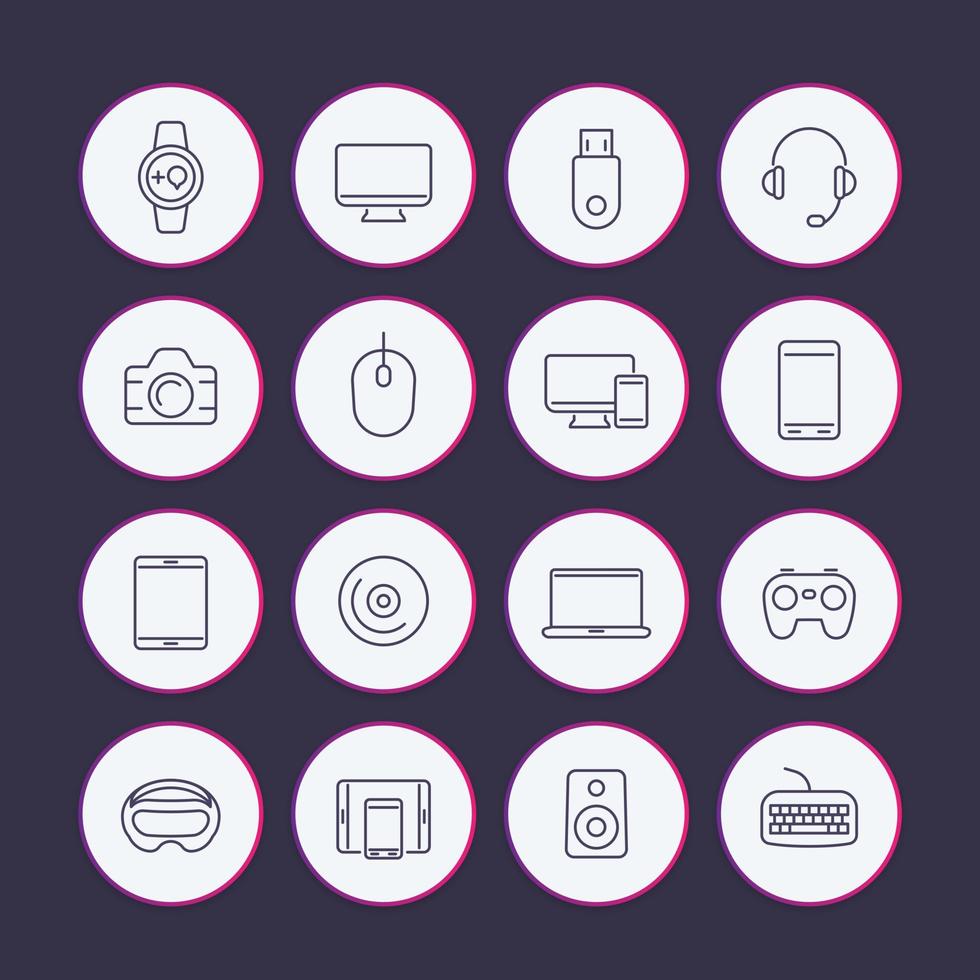 Modern gadgets line icons set, monitor, desktop, gamepad, keyboard, mouse, laptop, VR helmet, audio system, tablet, wearable devices, electronics vector