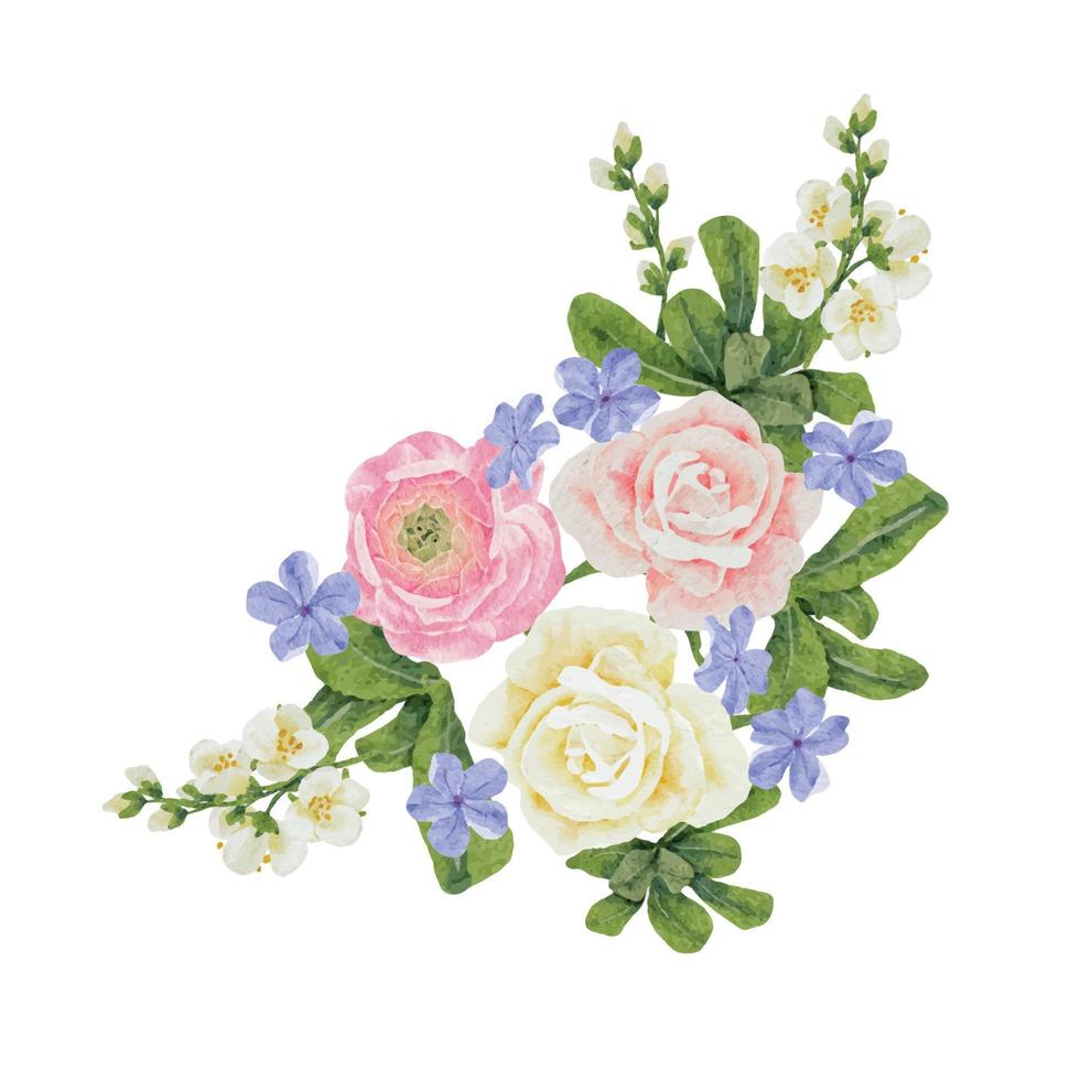 watercolor beautiful pink and white rose, ranunculus and blue Plumbago auriculata plant flower bouquet clipart digital painting vector