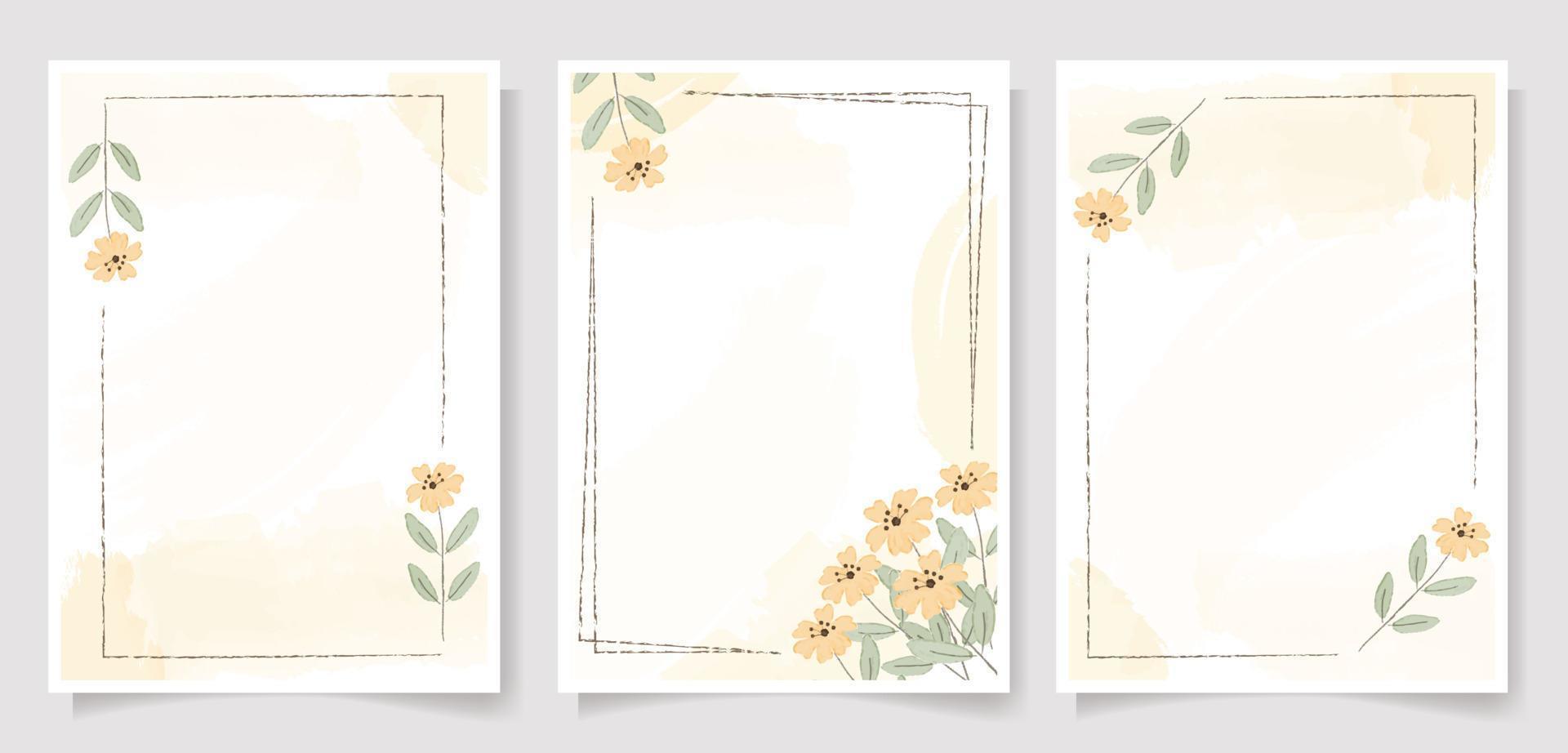 yellow wild flower frame on yellow watercolor splash background wedding invitation or birthday greeting card template collection vector