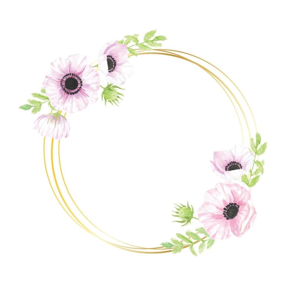 watercolor hand drawn anemone flower bouquet wreath with gold geometric frame for banner collection vector