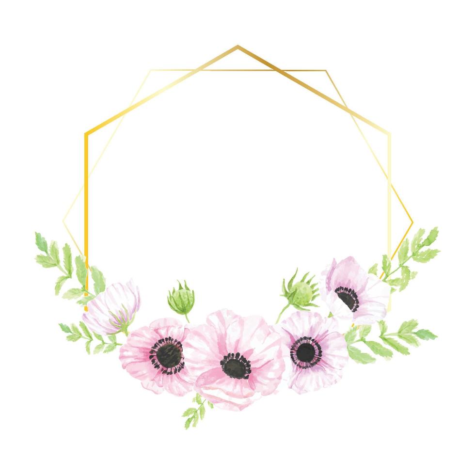 corona de ramo de flores de anémona dibujada a mano con acuarela con marco geométrico dorado para la colección de pancartas vector