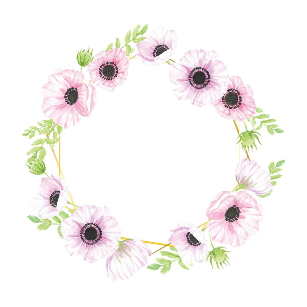 watercolor hand drawn anemone flower bouquet wreath with gold geometric frame for banner collection vector
