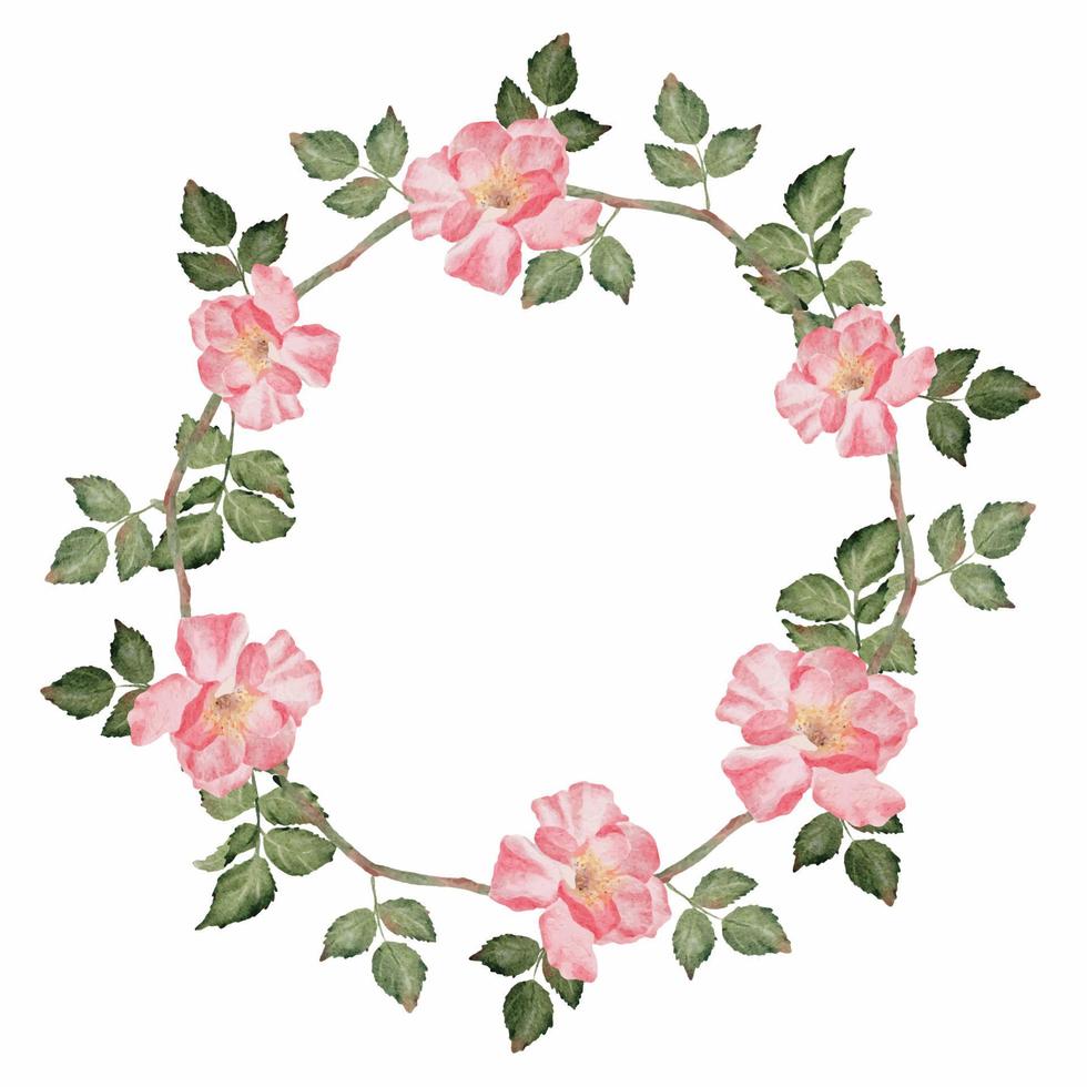 watercolor blooming pink rose branch flower bouquet wreath frame clipart digital painting vector