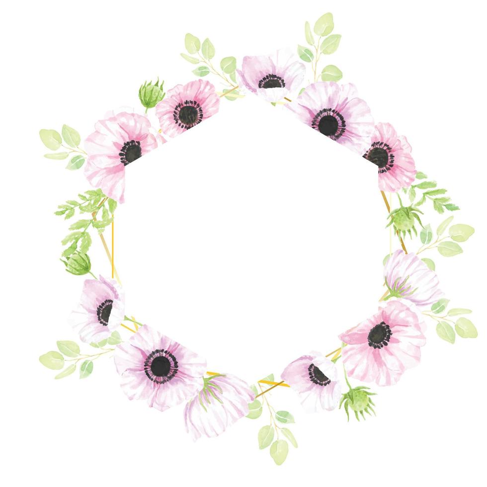 watercolor hand drawn anemone flower bouquet wreath geometry frame banner background vector