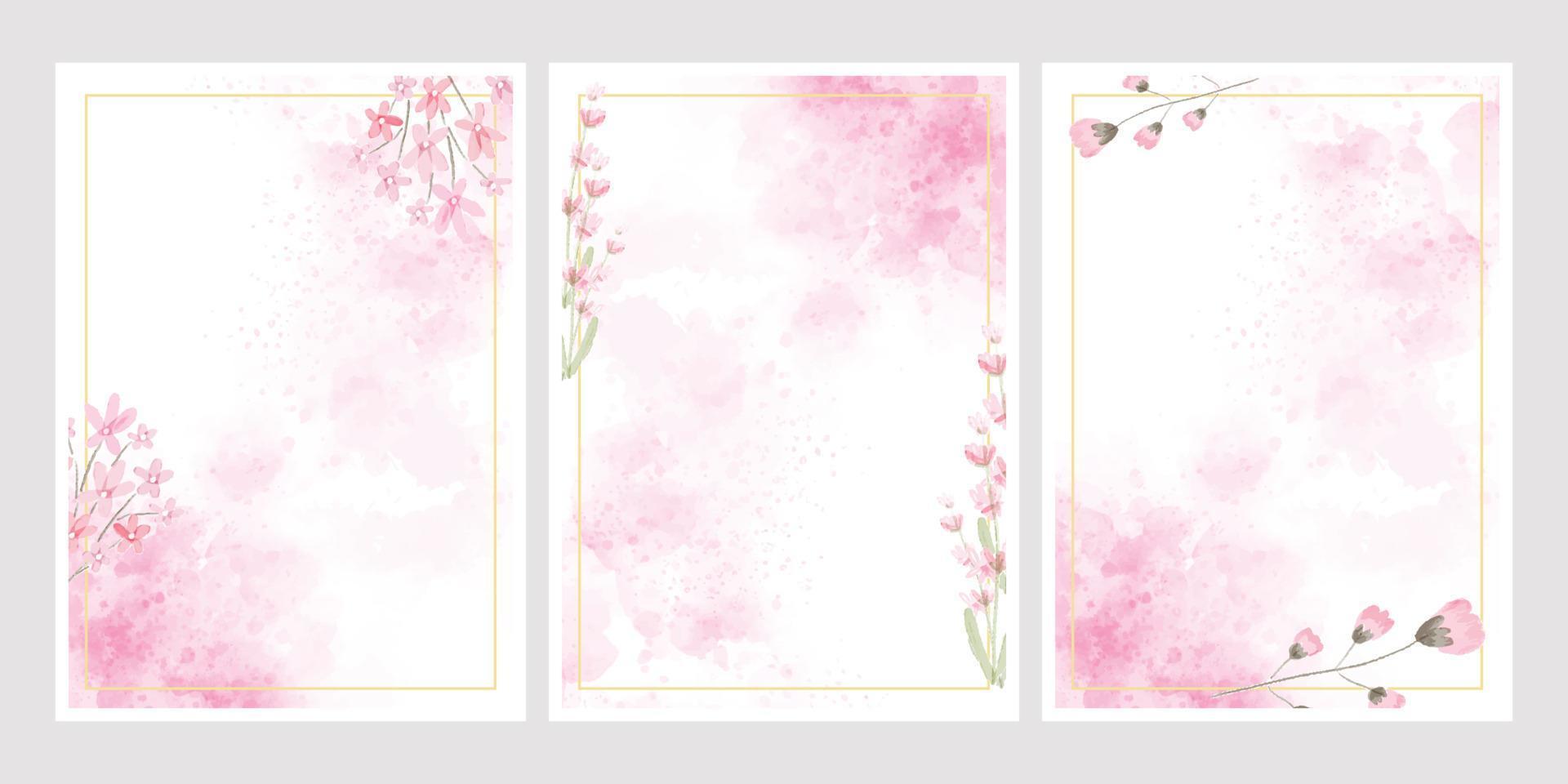 pink watercolor flower splash background with golden frame collection 5x7 for wedding or birthday invitation card eps10 vectors illustration