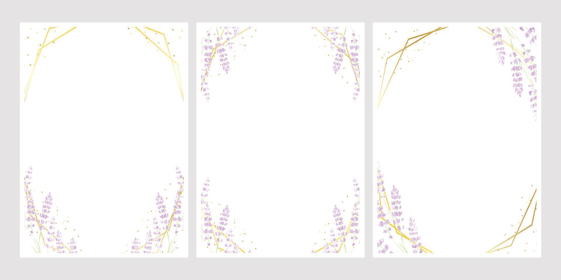 acuarela de lavanda con marco dorado para plantilla de tarjeta de invitación de boda 5x7 vector