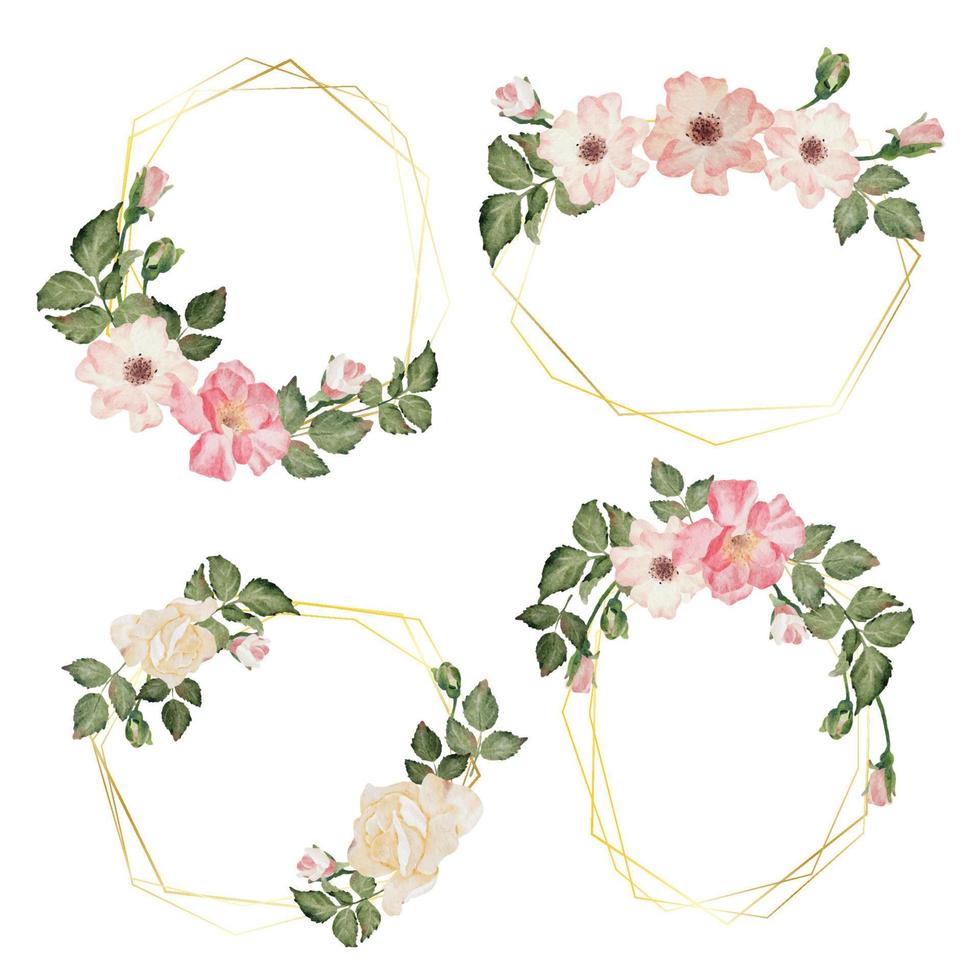 watercolor blooming rose branch flower bouquet wreath badge gold frame collection vector