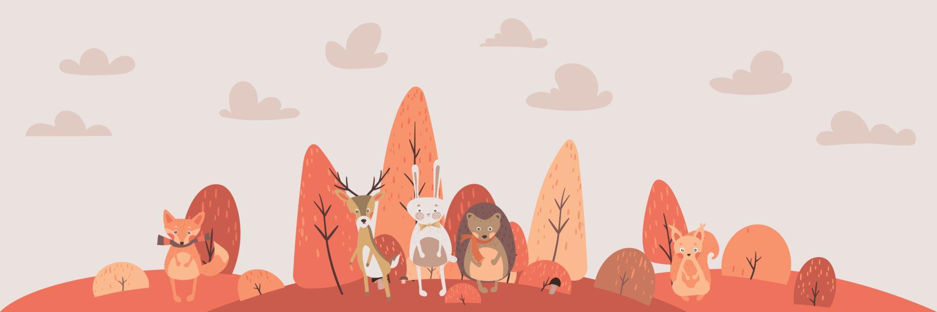 ilustración vectorial de lindos animales del bosque del bosque ciervos, conejos, erizos, zorros, ardillas. dibujos animados de animales de otoño. carácter de bosque de árboles de otoño. ideal para baby shower y diseño de bebé. vector