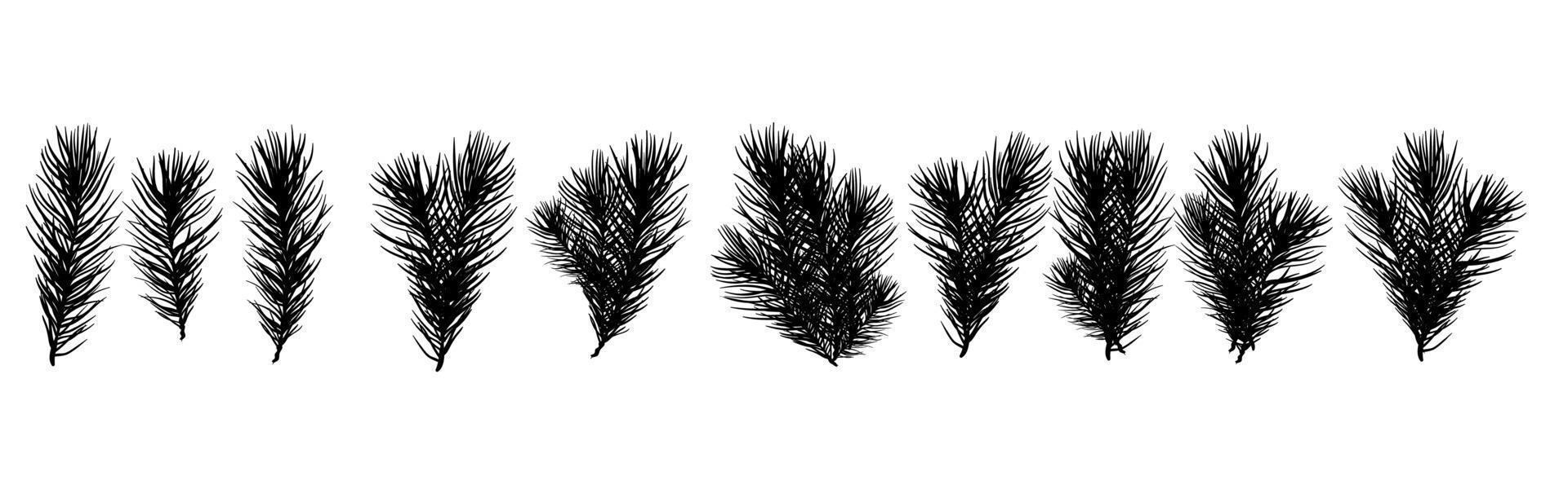 un conjunto de ramas verdes de árbol de navidad de silueta negra para una decoración navideña. ramas abeto, pino aislado. vector