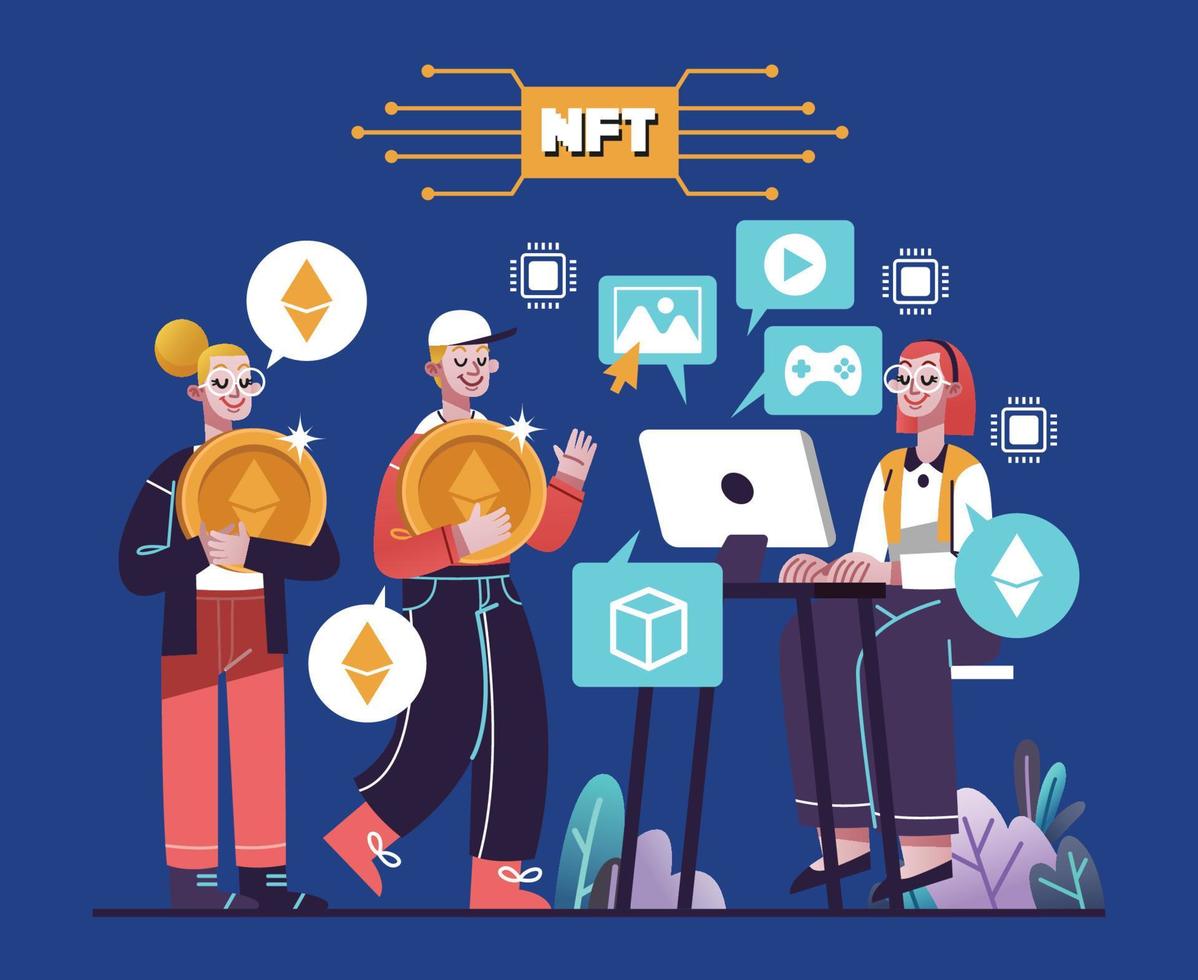 People Buying And Selling Non Fungible Tokens Of Art vector