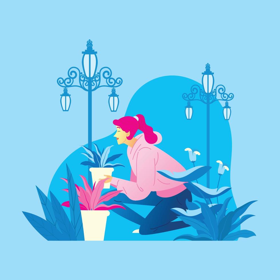 A Girl Gardening at Springtime vector