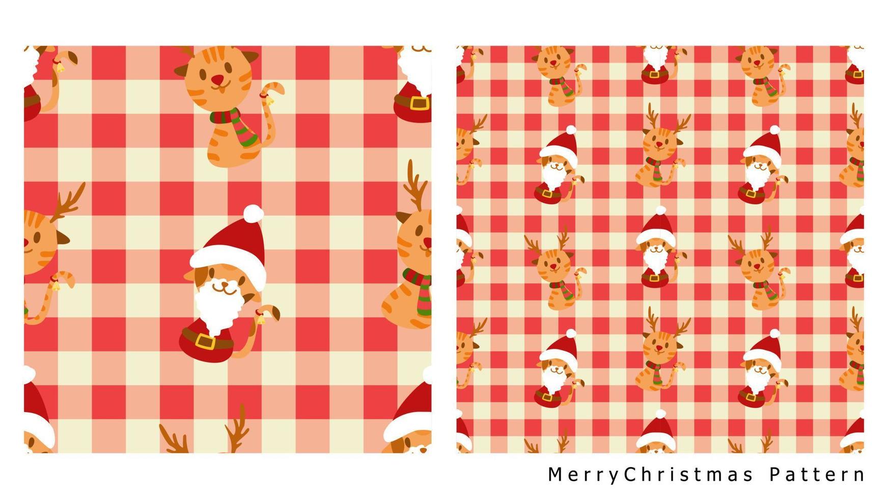 Seamless background merry Christmas greeting card, Scottish pattern seamless backdrop. Santa cat and deer cat, Christmas seamless pattern. Christmas wrapping paper pattern vector