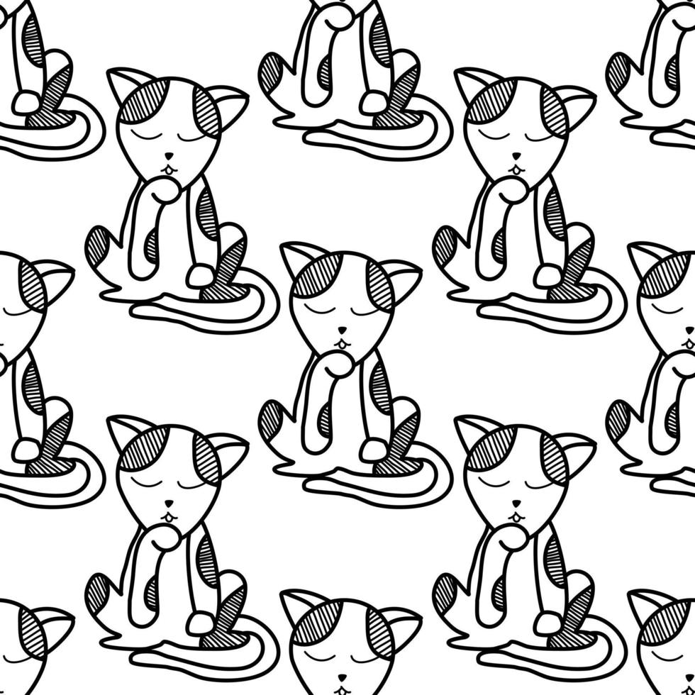 Hand drawn cat on a white background. Vector striped cat. Seamless pattern. Decorative patterns on packaging, boxes, bottles, bedding, pillows, bags, stickers, kitchenware.