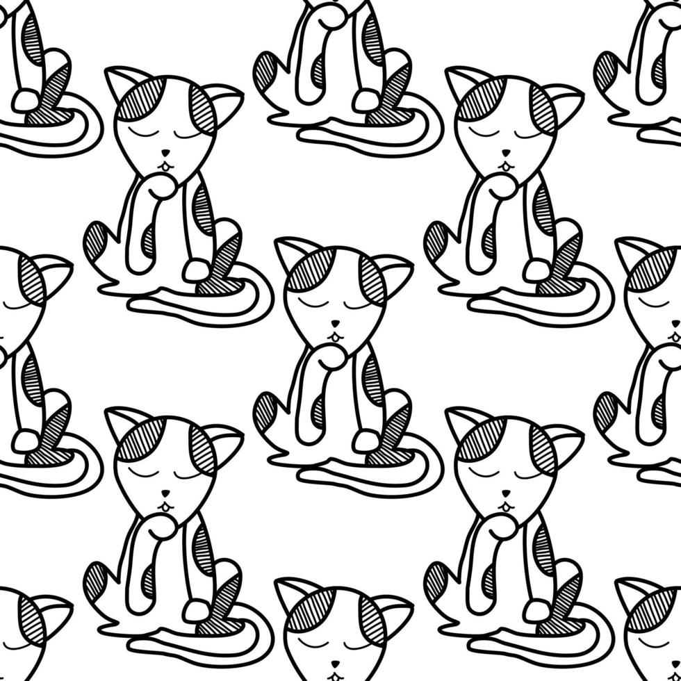 Hand drawn cat on a white background. Vector striped cat. Seamless pattern. Decorative patterns on packaging, boxes, bottles, bedding, pillows, bags, stickers, kitchenware.