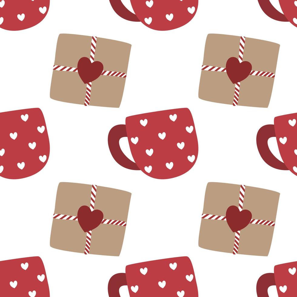 Heart patterned mug and Valentine's Day gift on white background. Seamless pattern. Patterns for decorating, wrapping paper, cards, bags, boxes or other packaging. Valentines Day. vector