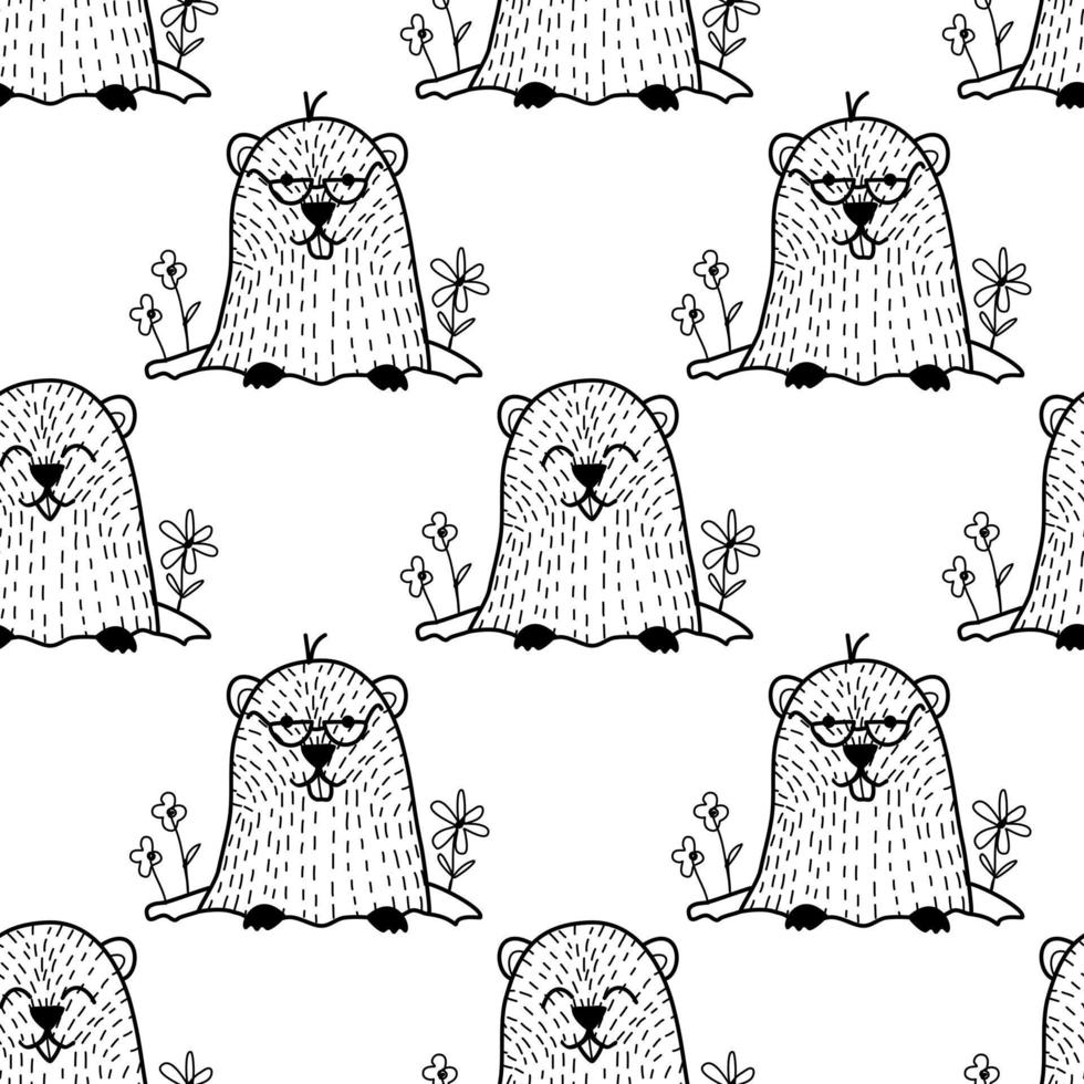 Groundhog Day. ground hog black line on a white background. Seamless vector lines. Seamless pattern for decoration.