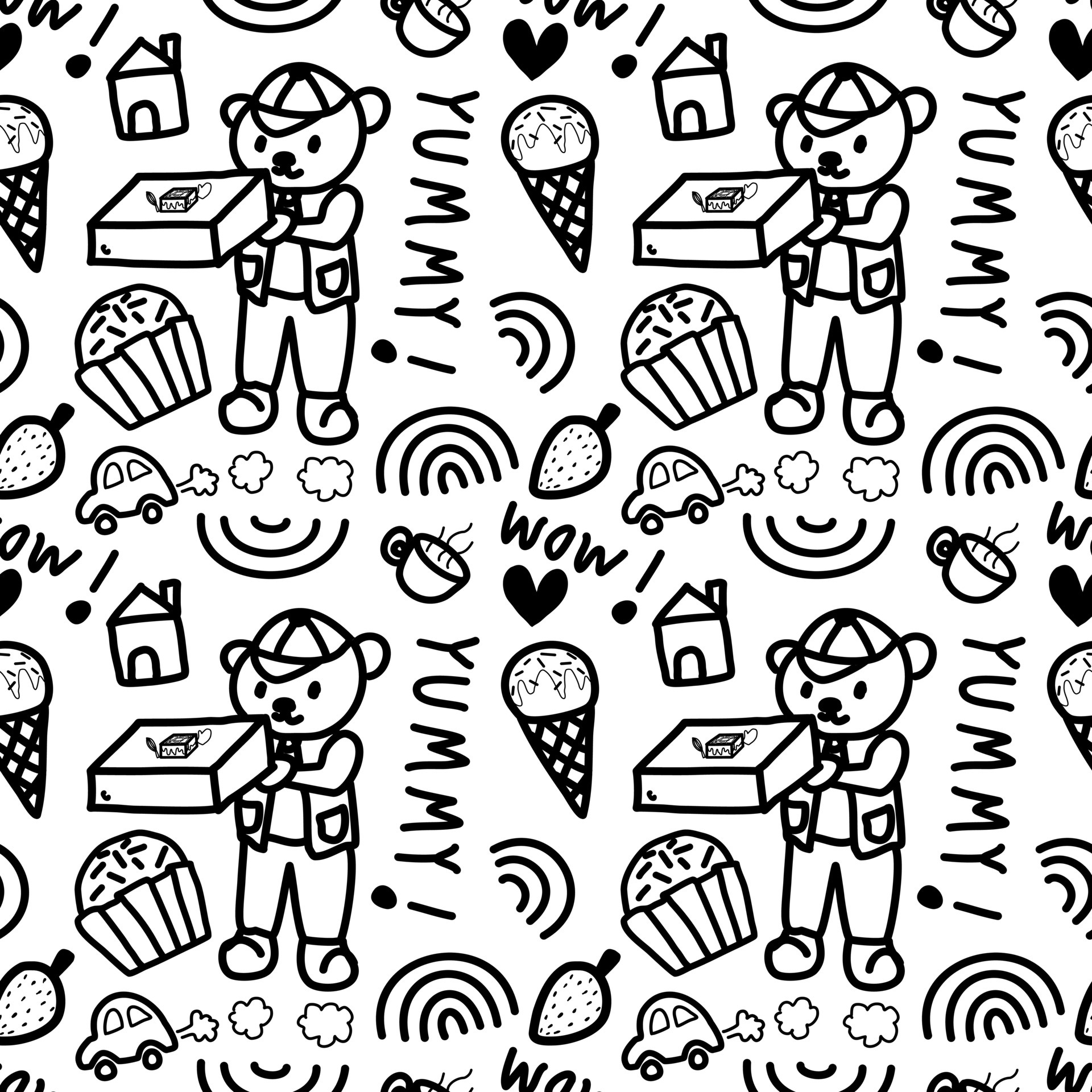 Seamless pattern in black and white. Cartoon lines. Decorative