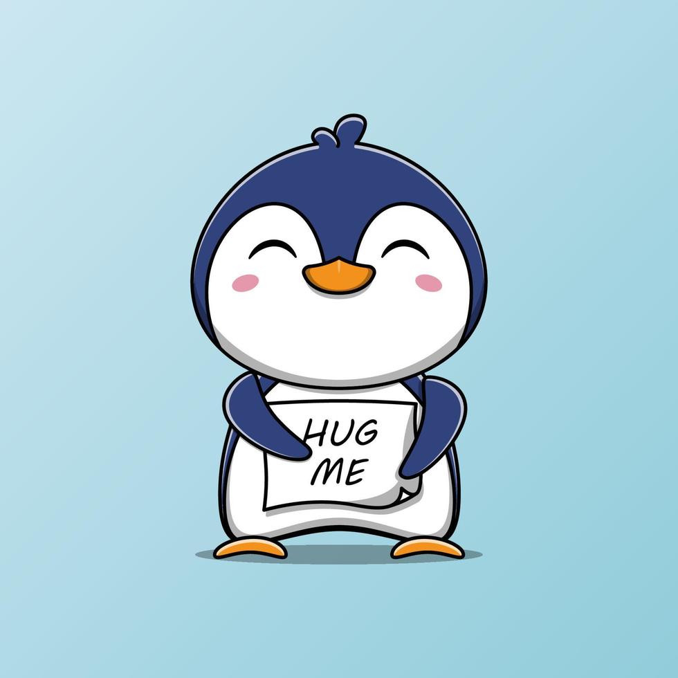 Cute penguin holding a paper that says hug me vector illustration