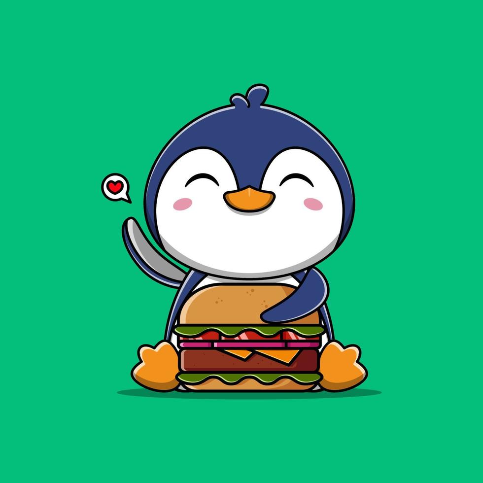 Cute penguin eating burger vector illustration