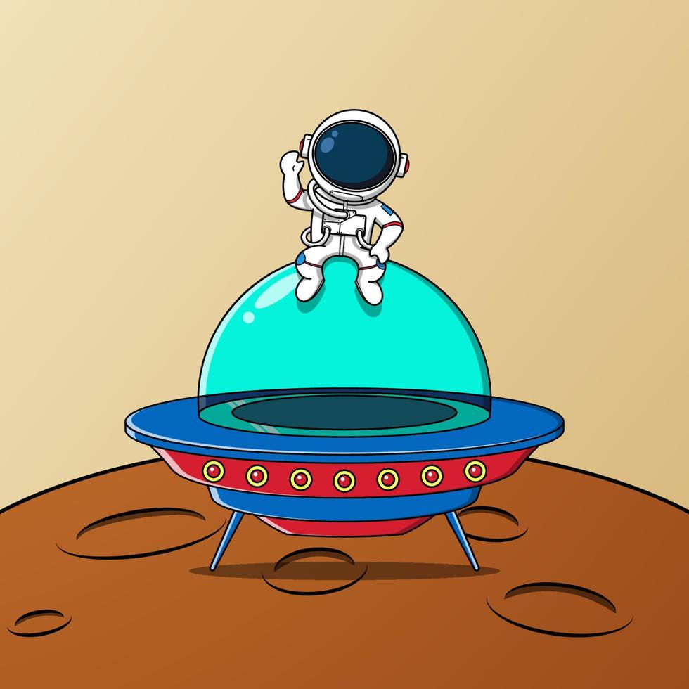 Cute astronaut sitting on ufo spaceship and waving, Vector illustration eps.10