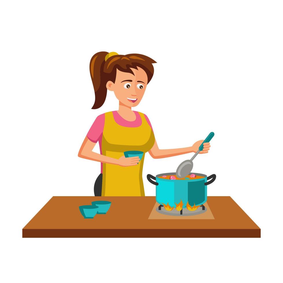 flat design of cartoon character of woman cooking vector