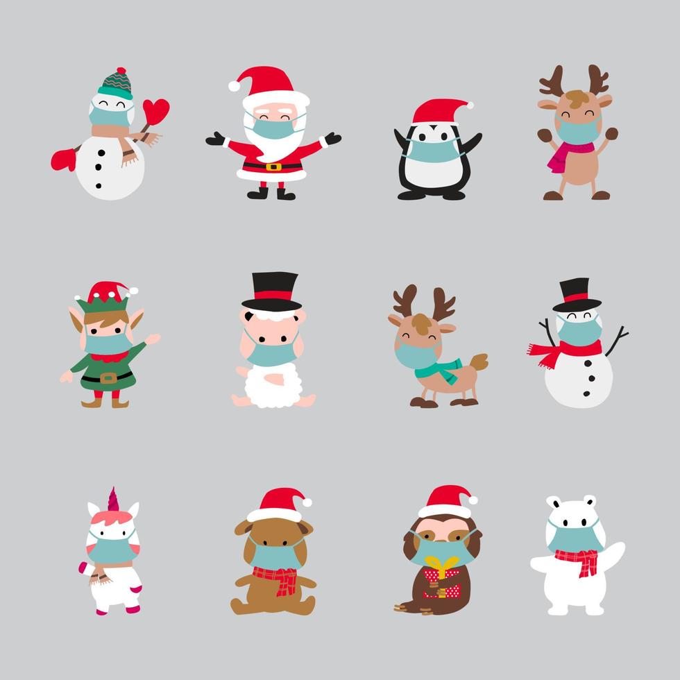 cute of merry christmas and happy new year elements that wear masks vector