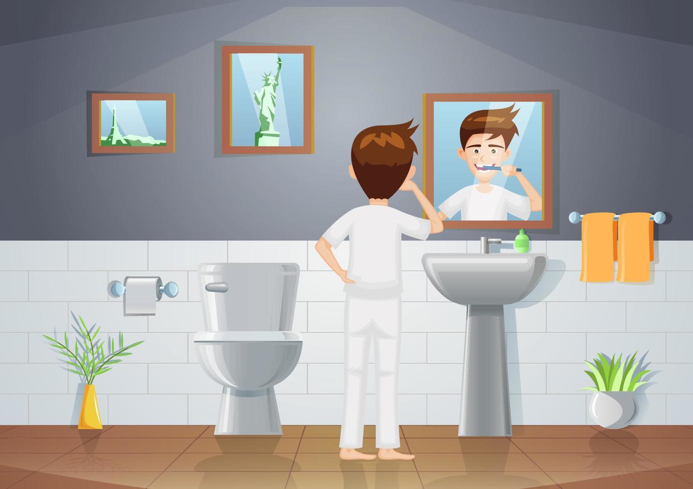 versión de dibujos animados de la escena del baño con un hombre cepillándose los dientes vector