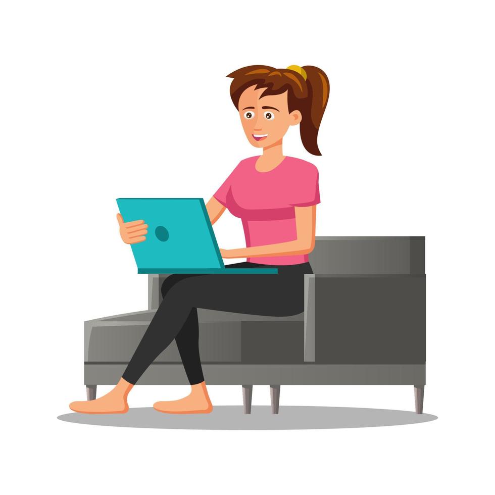 flat design of cartoon character of woman using laptop vector