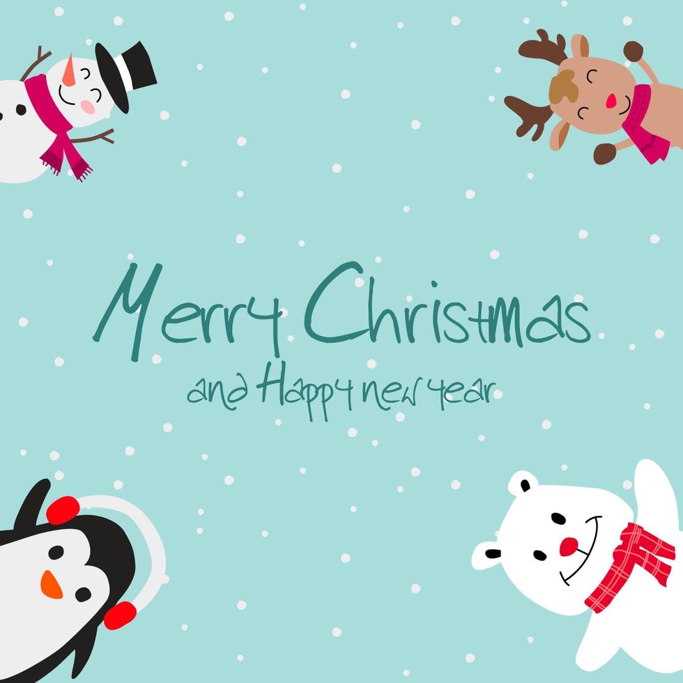 Snowman reindeer penguin and polar bear are happy emotion in Christmas invitation card design vector
