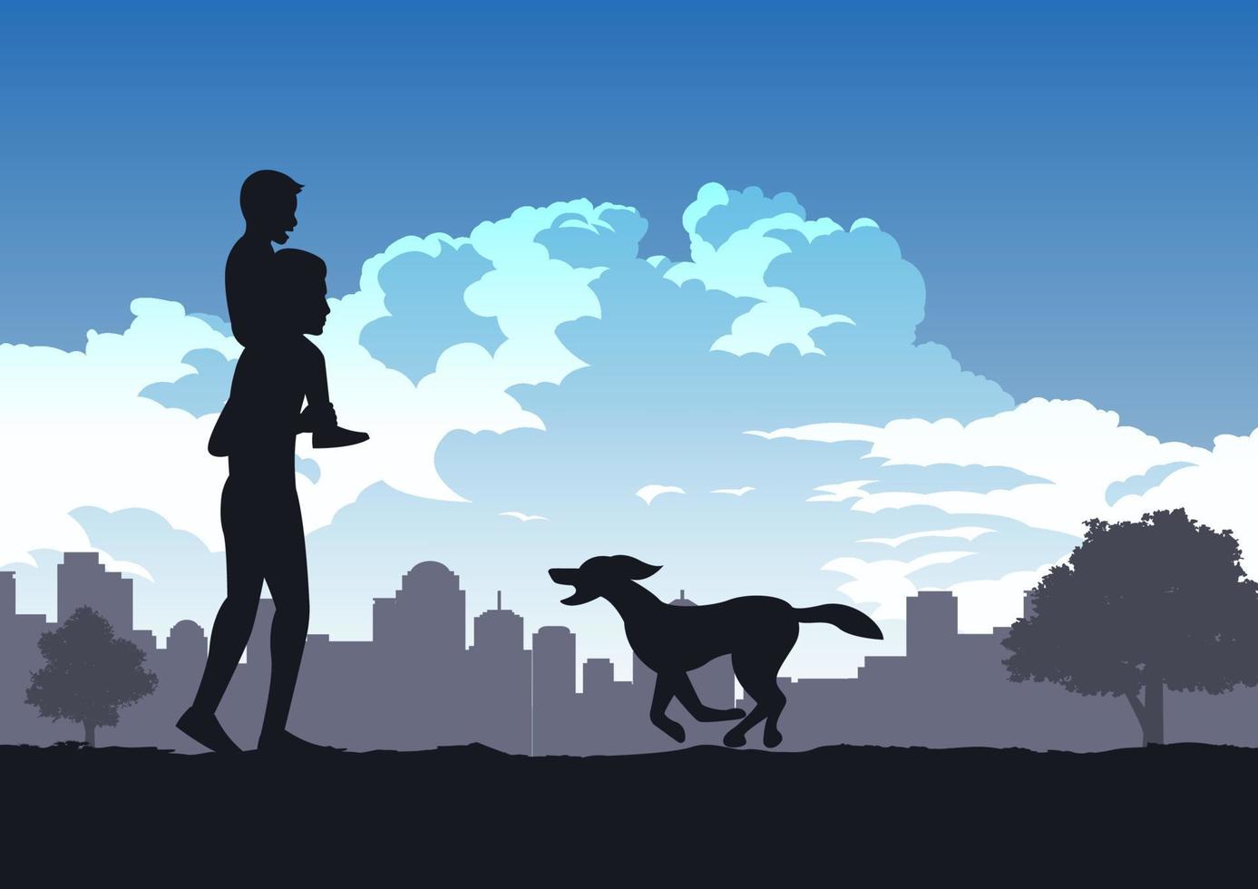 boys sit on his dad shoulder while dog run coming vector