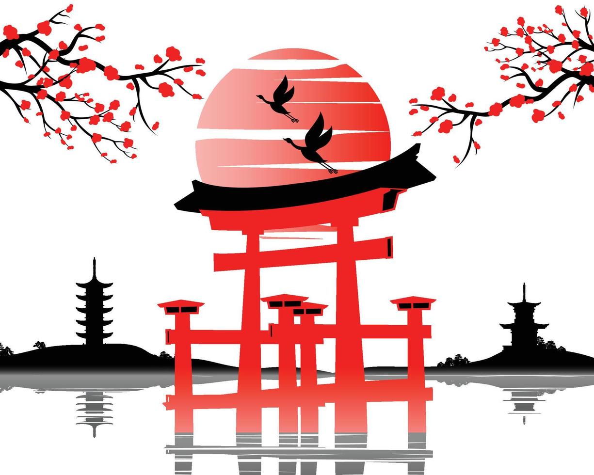 Japanese art with ancient design of Torii gate and the beautiful nature of Japan vector