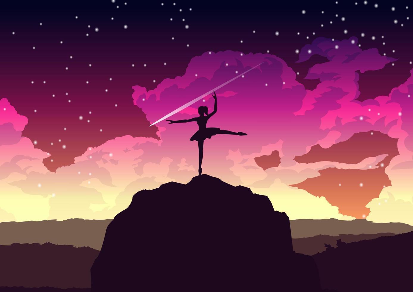 girl dancing ballet on the cliff at night vector