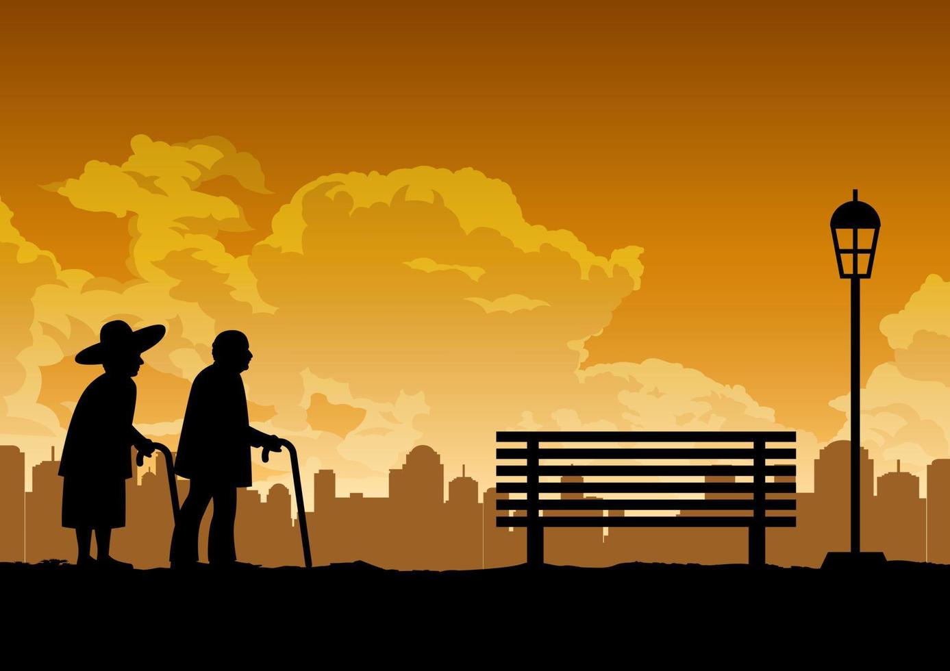 silhouette design of two old couple walk in the pak vector