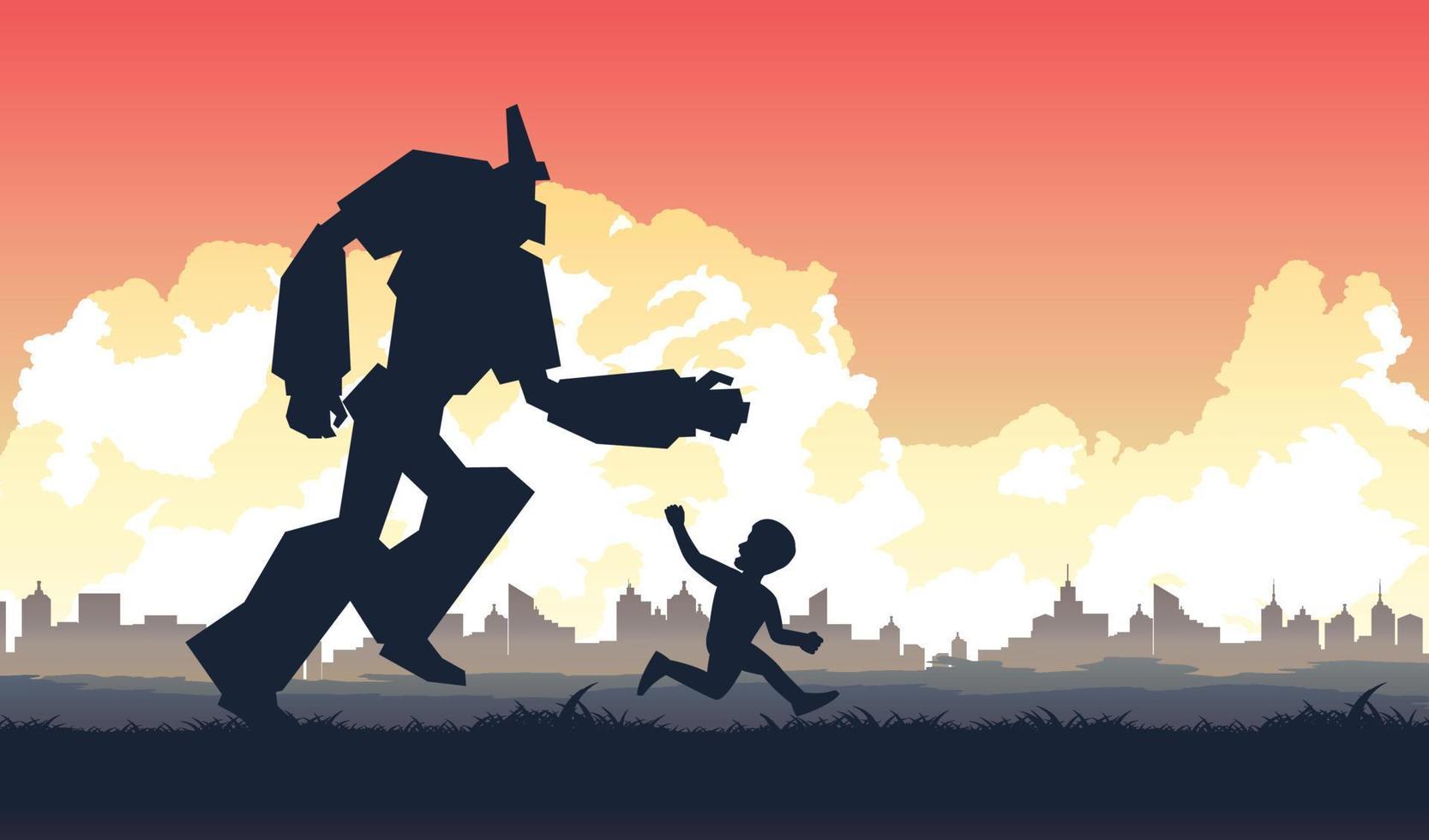 Silhouette of activities in the future of people and robot live together vector