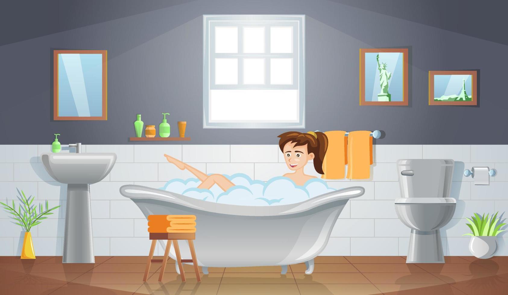 flat design of cartoon character of woman is taking bath vector