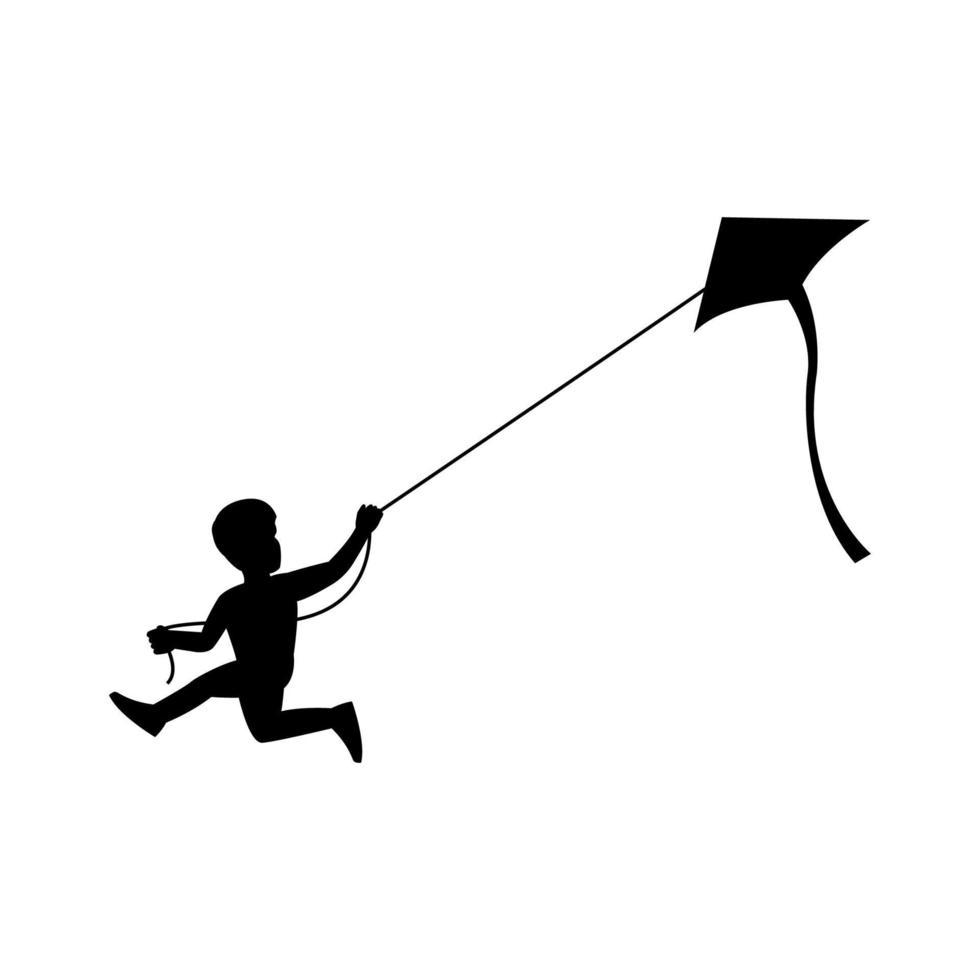 black silhouette design with isolated white background of boy playing kite vector