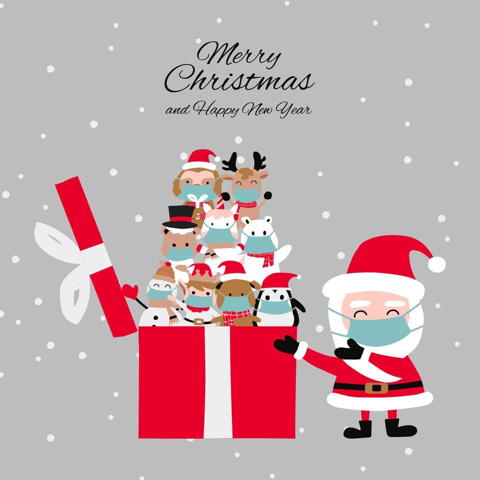 santa cluas unboxes Christmas present that contains animals that wear masks vector