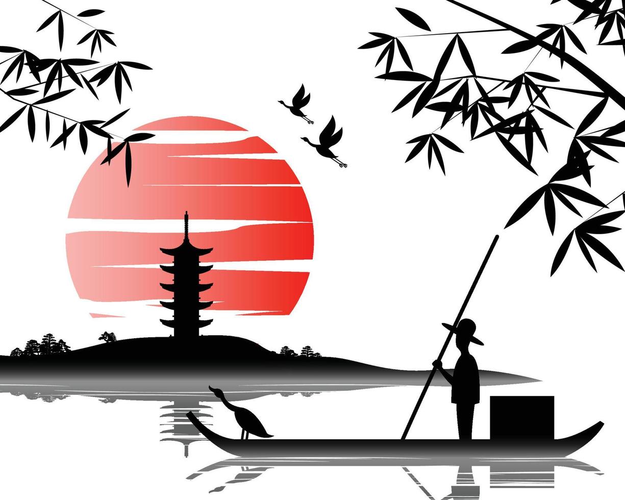 Japanese art with ancient design of fisherman on the boat and the beautiful nature of Japan vector