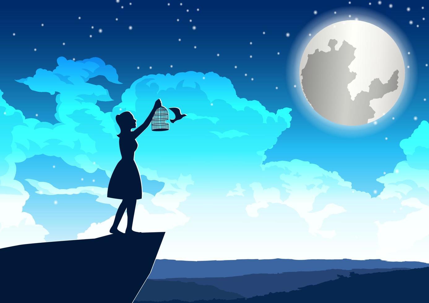 woman let bird out to peace on the cliff in beautiful night vector