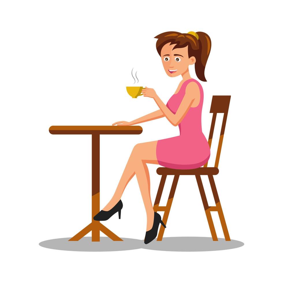 flat design of cartoon character of woman drinking coffee vector