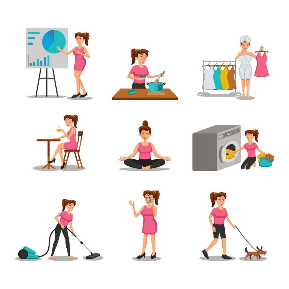 collection of flat design of cartoon woman characters in cartoon version vector