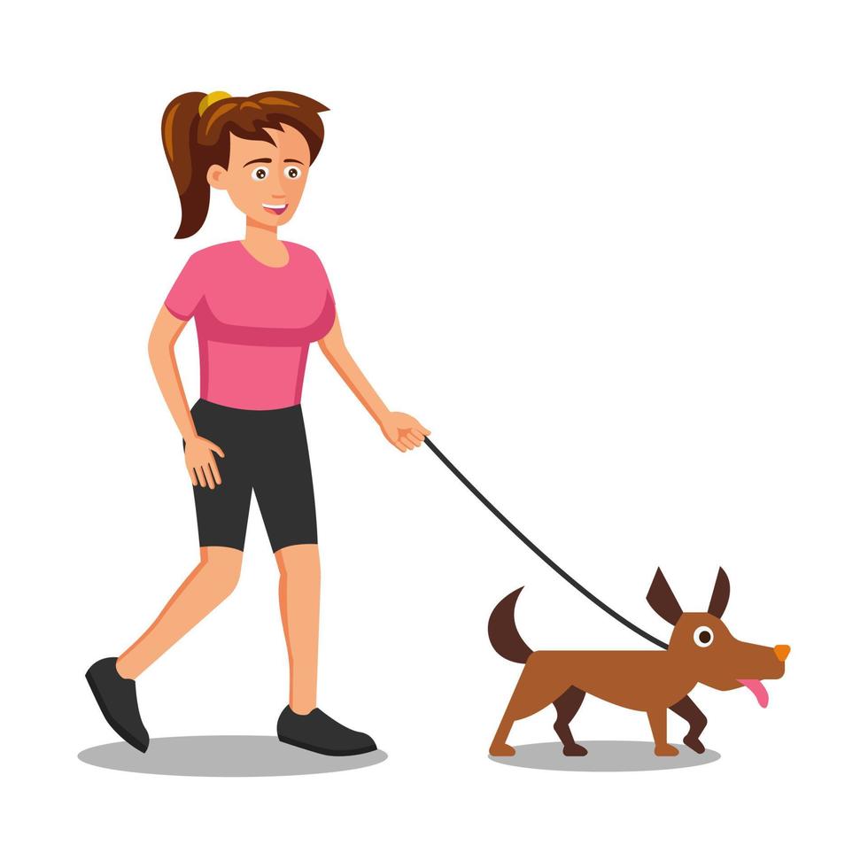 diseño plano del personaje de dibujos animados de mujer paseando al perro vector
