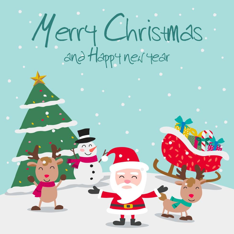 Santa reindeers and snowman enjoy with Christmas night, festival of happiness of everybody vector