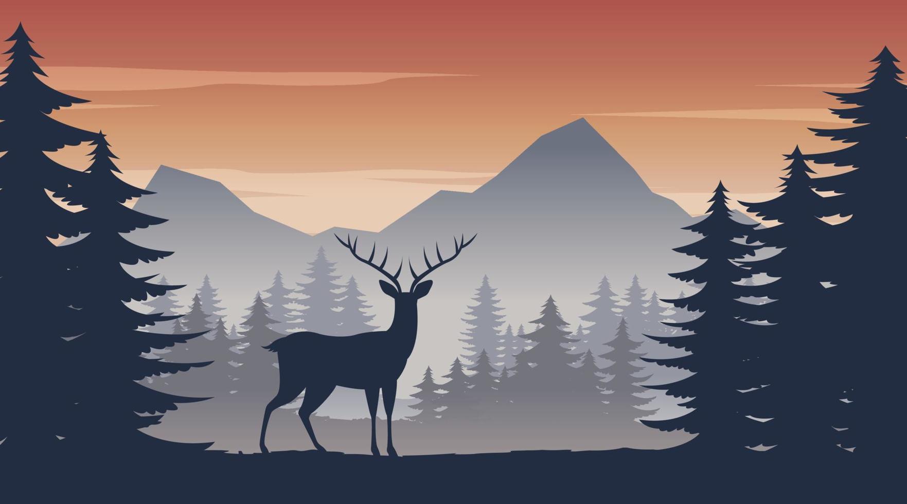 deer standing in the pine jungle on the sunset time vector