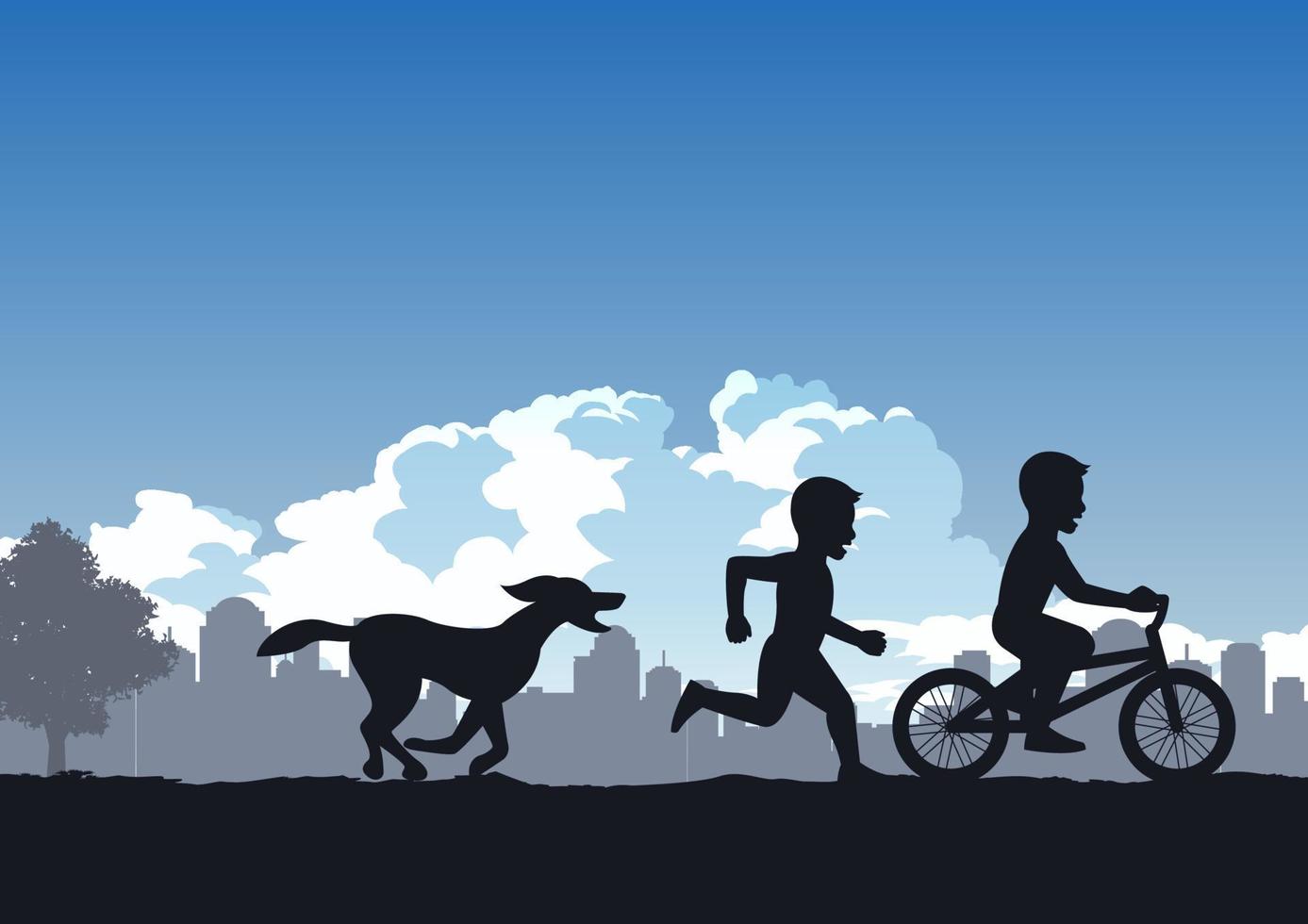 los niños disfrutan corriendo y montando en bicicleta compiten con el perro vector