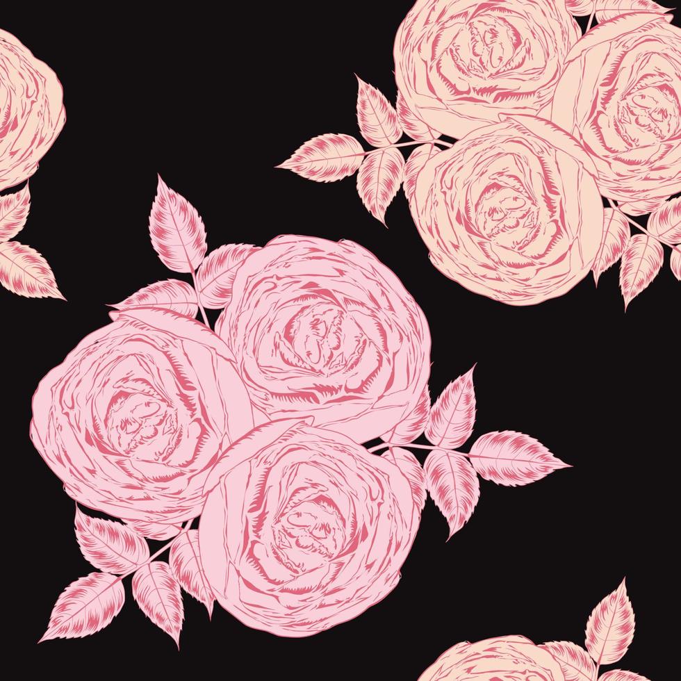 seamless, patrón, floral, hermoso, rosa, flores, rosa, en, negro, background.vector, ilustración, mano, drawing.for, tela, impresión, diseño vector