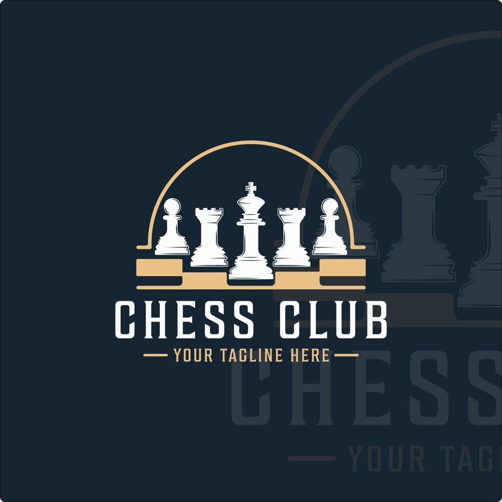 logotipo del club de ajedrez vintage vector ilustración plantilla icono diseño gráfico. emblema de piezas de ajedrez y concepto de etiqueta sobre fondo negro