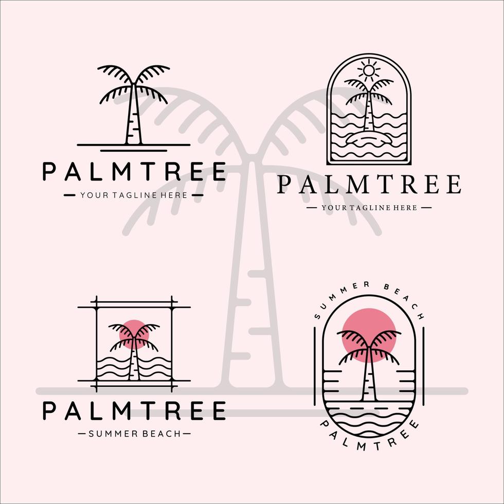 conjunto de palmera línea arte logotipo simple minimalista vector ilustración plantilla icono diseño gráfico. colección de paquetes de varias plantas tropicales en la playa con olas oceánicas y tipografía de placa