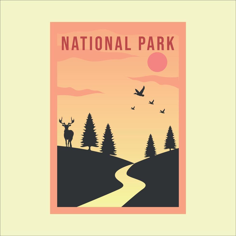 diseño gráfico de la plantilla de ilustración vectorial de póster vintage minimalista del parque nacional. Ciervo pinos y colina banner concepto retro simple vector